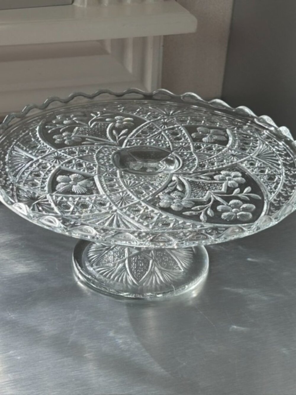 Vtg. Pressed Glass Pedestal Cake Stand
